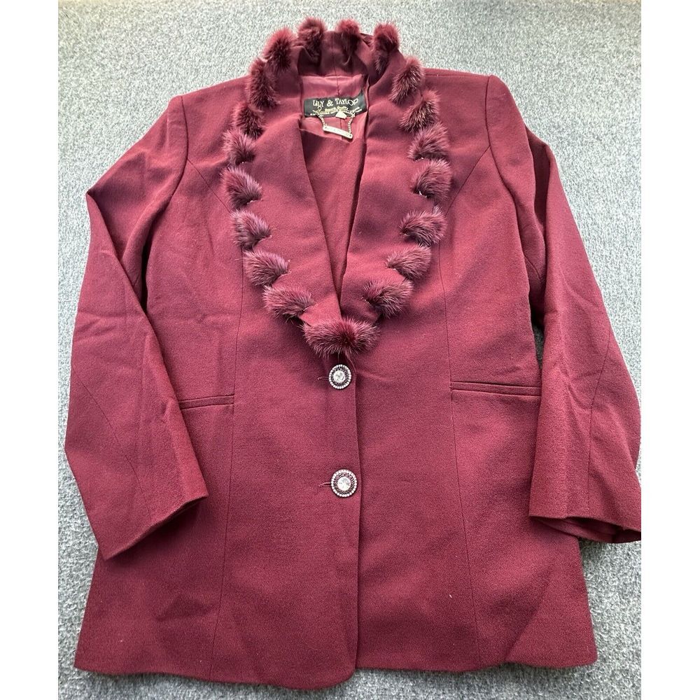 Vintage Lily & Taylor Blazer Women 12 Maroon Finland Mink Trim Neck Insert